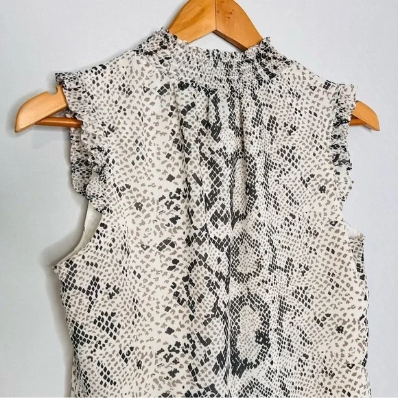J. Crew Snakeskin-Print Mock-Neck Ruffle Neck/Sleeve Sleeveless Blouse. Size 0. - Picture 8 of 13